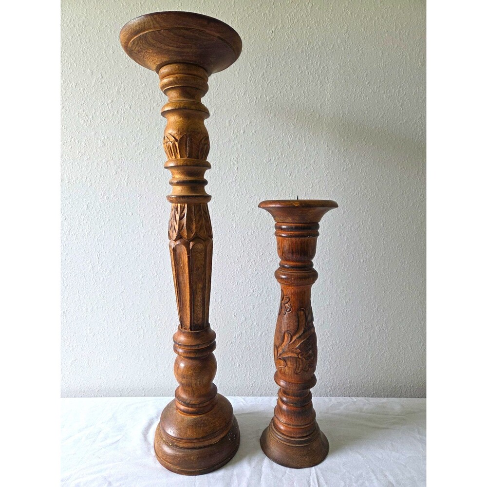 Set of 2 Large Brown Wood Carved Column Pillar Candle Holders Traditional